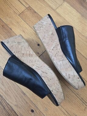 Stuart Weitzman Black Leather Cork Wedge Mules